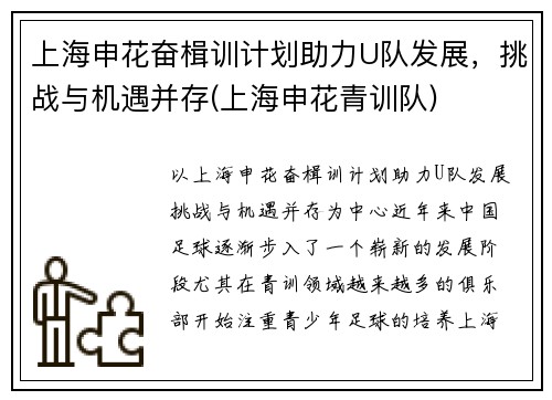 上海申花奋楫训计划助力U队发展，挑战与机遇并存(上海申花青训队)