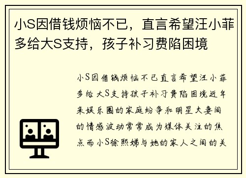 小S因借钱烦恼不已，直言希望汪小菲多给大S支持，孩子补习费陷困境