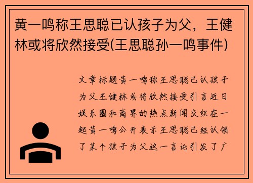 黄一鸣称王思聪已认孩子为父，王健林或将欣然接受(王思聪孙一鸣事件)
